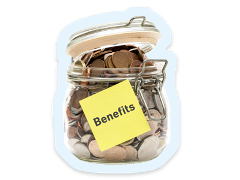Taking your benefits A jar of money with the word benefits on it