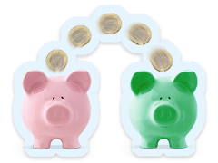 Transfers Pound coins move between a pink piggy bank and a green piggy bank